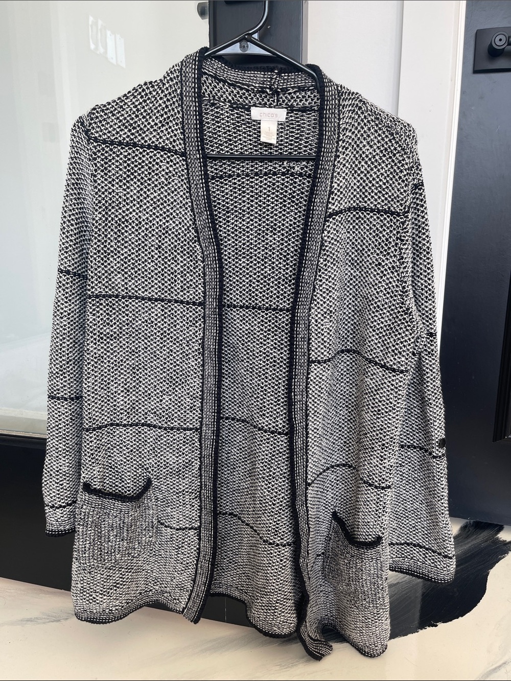 Chico's Black & White Open-Front Knit Cardigan